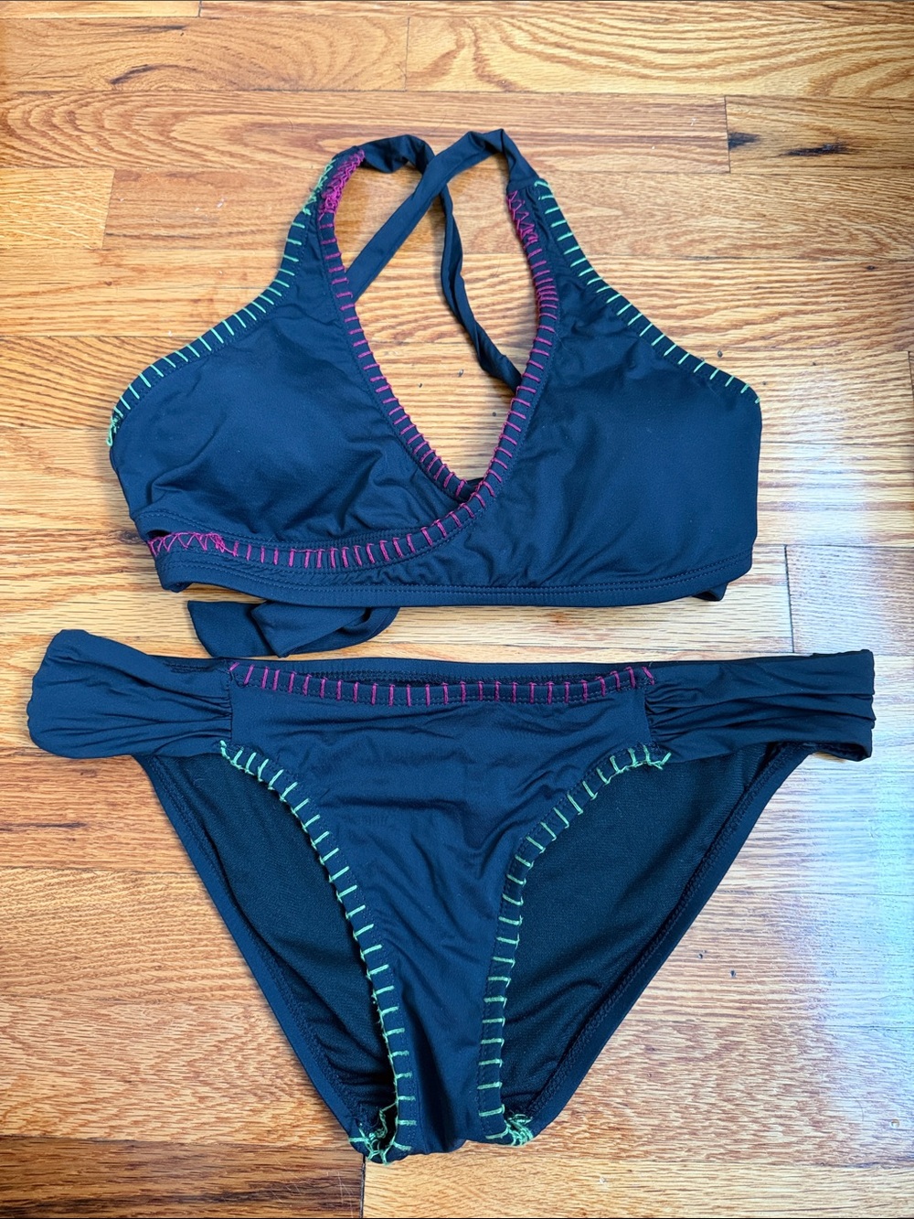 Lucky Brand Black Bikini with Pink & Lime Stitching